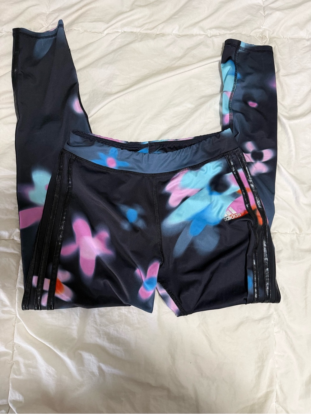 Adidas Kids Floral Print Black Leggings - Pink & Blue Accents